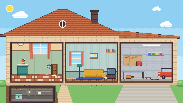 Cutaway of the house: kitchen, living room, garage and basement